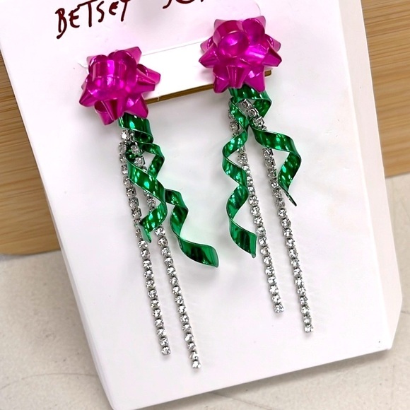 Brand New Betsey Johnson Metallic Pink Bow Ribbon Dangly Rhinestone Earrings - Picture 5 of 11